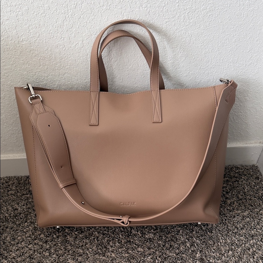 CALPAK Blush Taupe Leather Tote with Detachable Strap